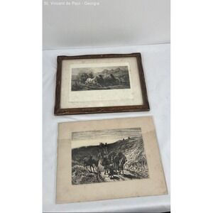 Peter Moran 1880 Etching A Burro‎ Train New Mexico & Horse Drawn Carriage Framed